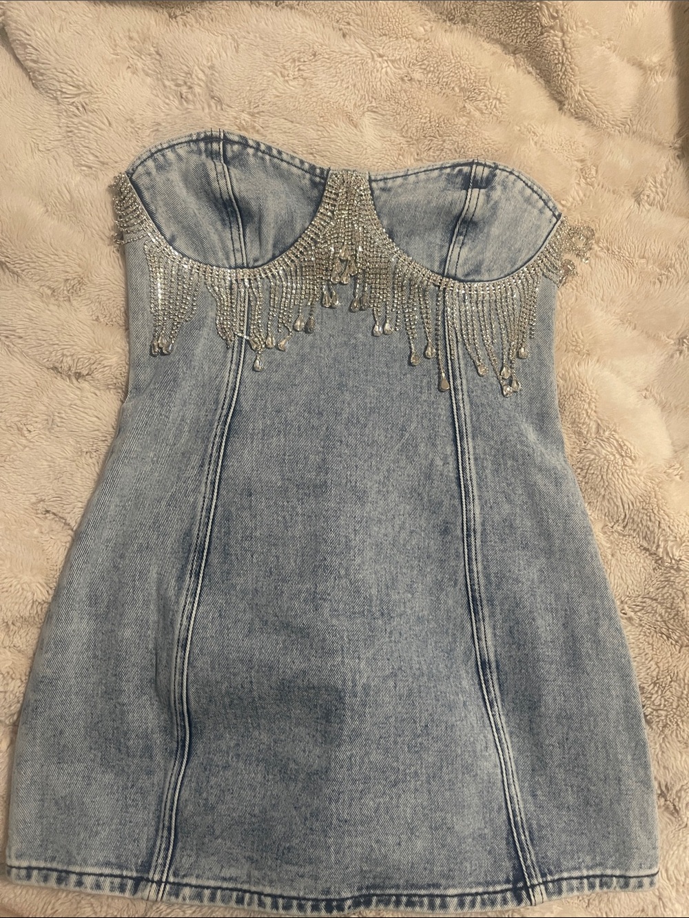 Nasty Gal Light Blue Denim Strapless Mini Dress with Crystal Fringe
